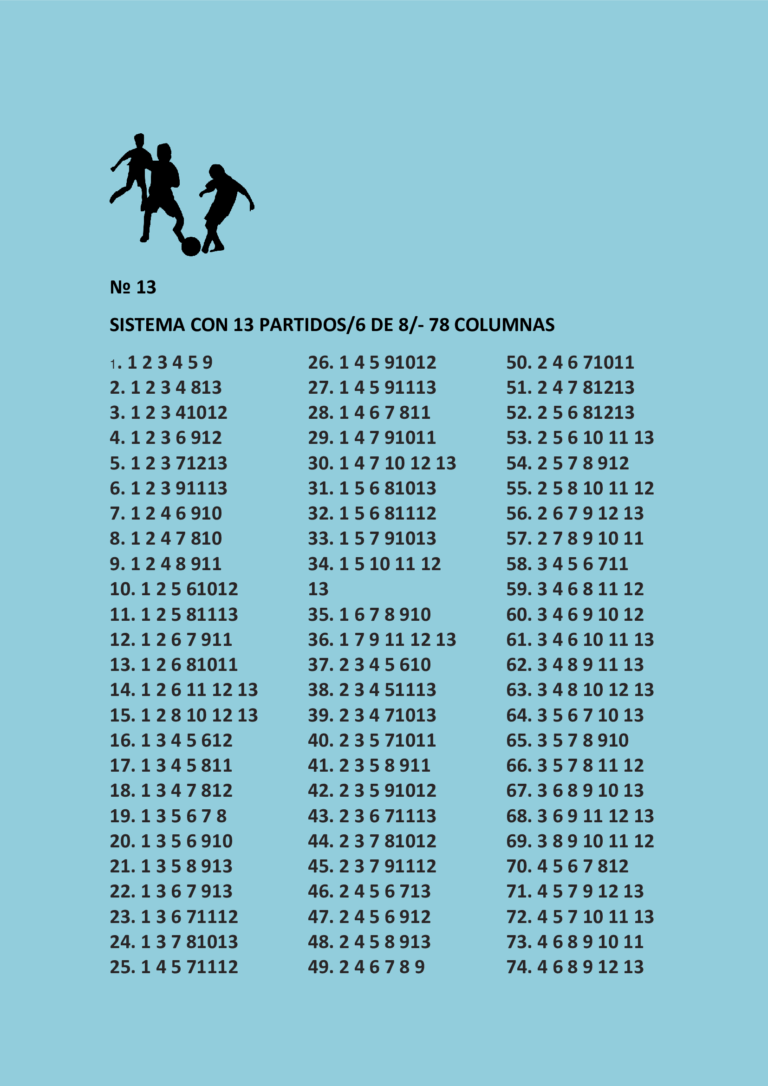 Sistema séxtuple con trece partidos 6/8 y la tabla de ganancias.